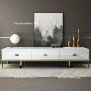Cintra white Modern tv stand with Metallic frame